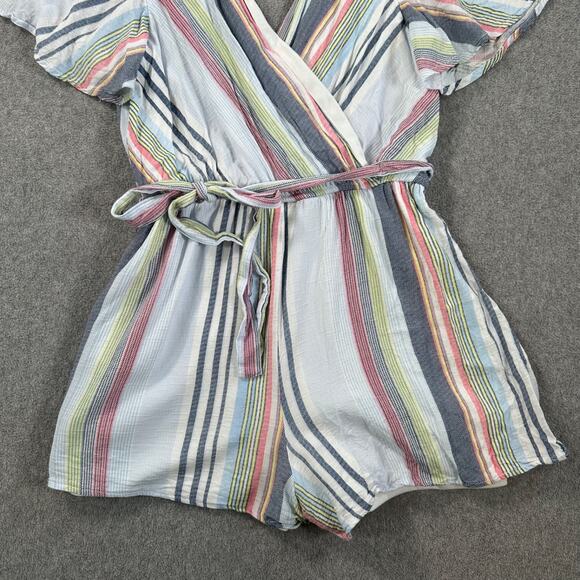Altar'd State Stripe Romper Flutter Sleeve Size Small Belted V-Neck Blue Pink - Picture 4 of 11
